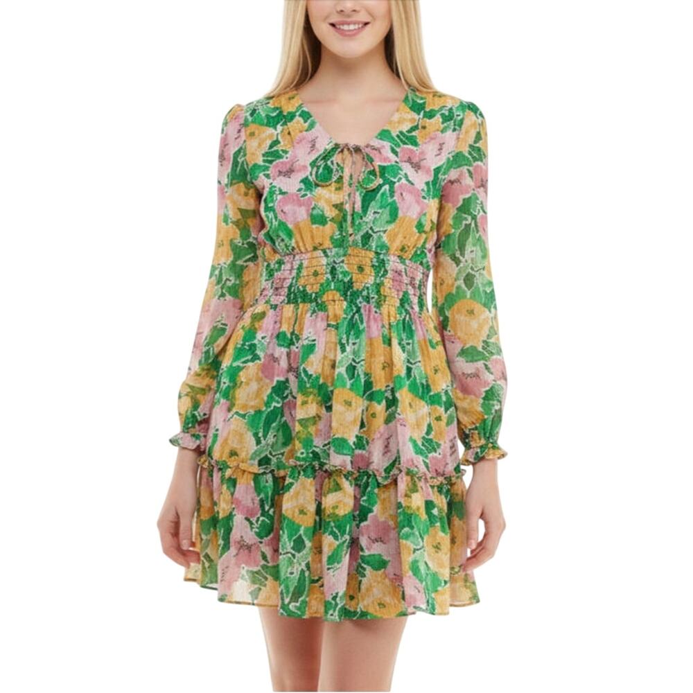 Taylor Floral Smocked Fit & Flare Dress Long Sleeve Spring Floral Lined Size 4